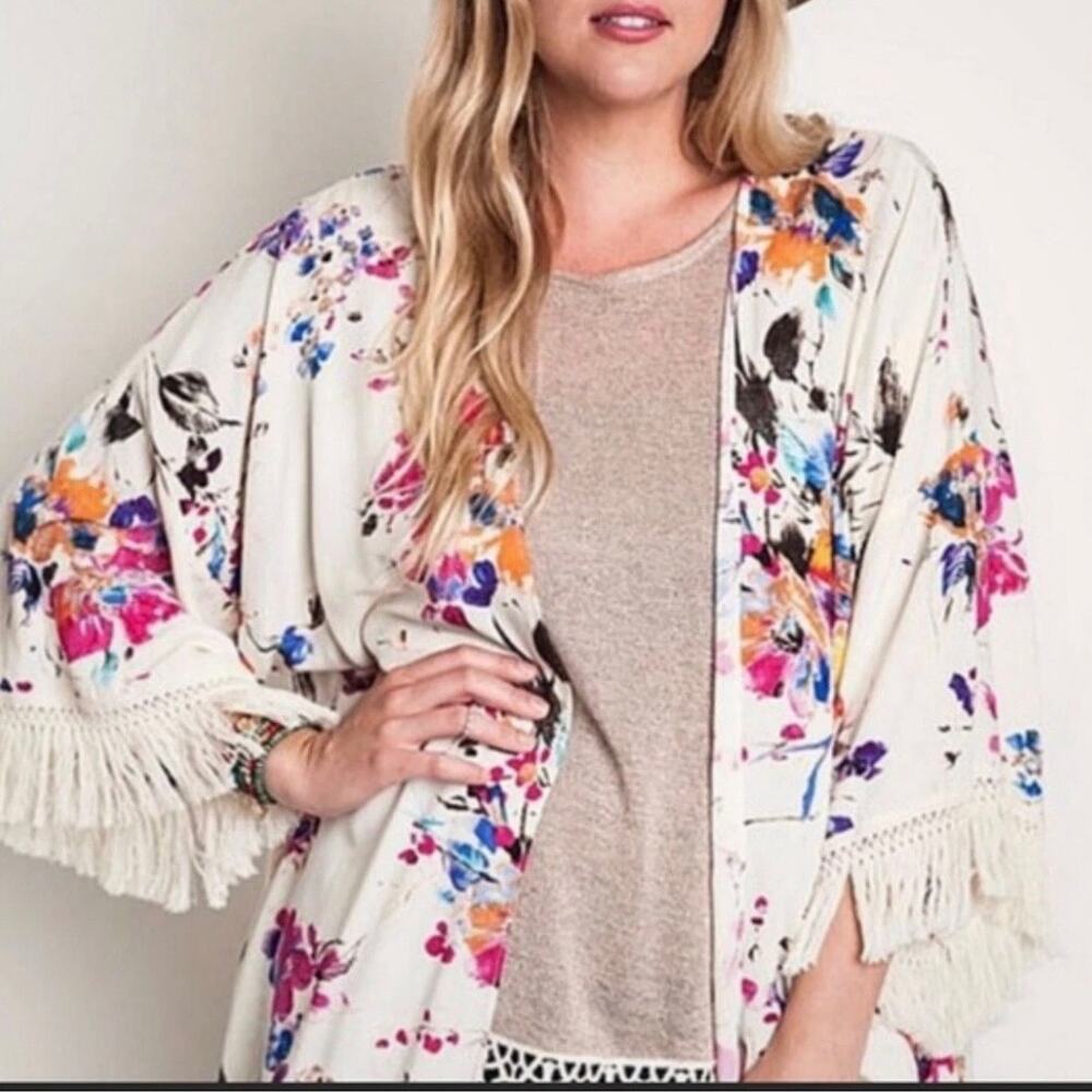 Umgee Floral Fringe Open Kimono Boho Hippie 80s Size XL
